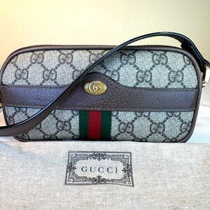 Gucci Gray GG Canvas Mini Shoulder Bag with Brown Leather and Green-Red Web